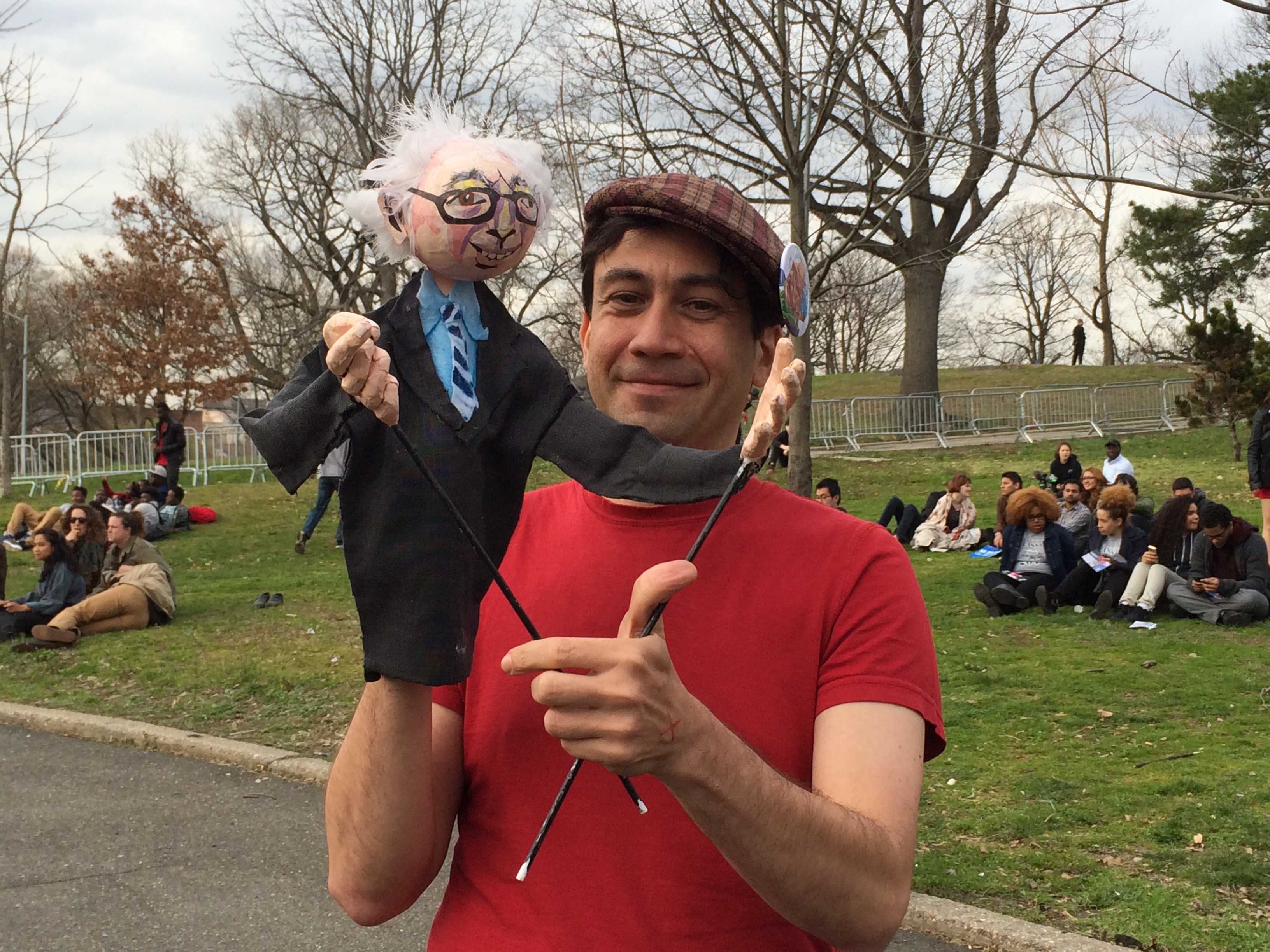 The 'Bernie Puppet' - "I am not a puppet of Wall street. Take the puppets away from Wall Street and give it back to the puppets here so they can be employed." (the person operating the puppet impersonating Sanders) - Photo by Jacob Kornbluh